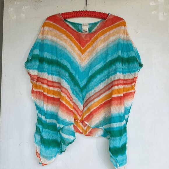 Chico’s Linen Poncho Top S/M OS Chevron Teal Coral Beachy Oversized Flowy - Picture 4 of 8